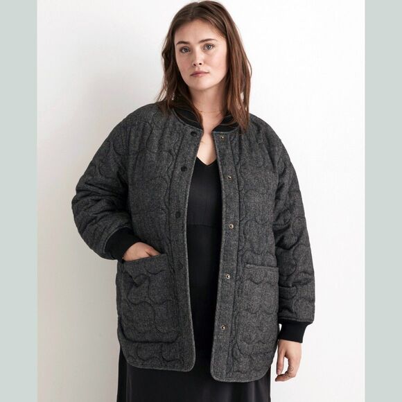 Madewell Quilted Oversized Bomber Jacket Women 3X Black Herringbone Wool N0317 - Picture 1 of 13